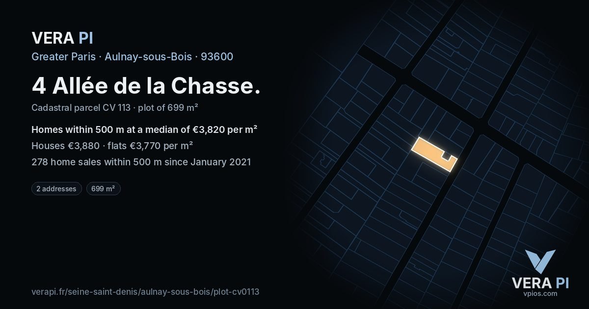 4 Allée de la Chasse, Aulnay-sous-Bois at night – the plot lit, the parcels around coloured by the prices near them