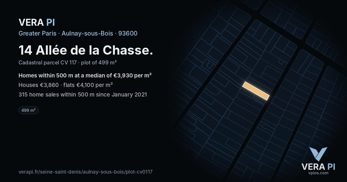 14 Allée de la Chasse, Aulnay-sous-Bois at night – the plot lit, the parcels around coloured by the prices near them