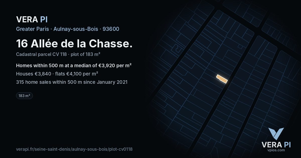 16 Allée de la Chasse, Aulnay-sous-Bois at night – the plot lit, the parcels around coloured by the prices near them