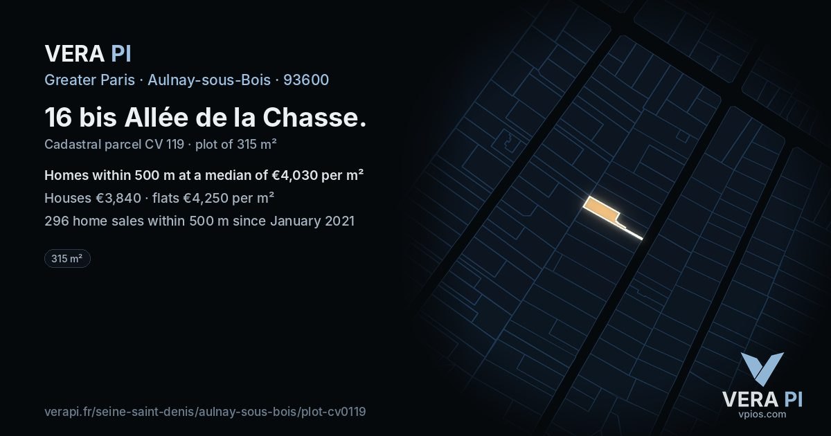 16 bis Allée de la Chasse, Aulnay-sous-Bois at night – the plot lit, the parcels around coloured by the prices near them