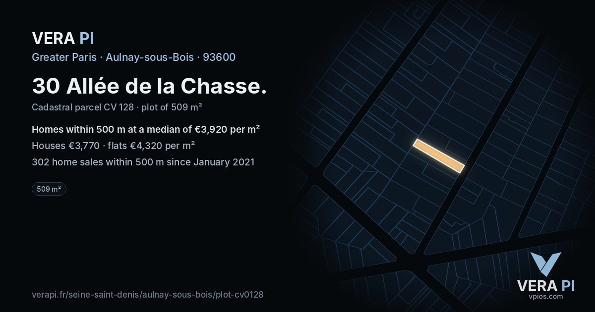 30 Allée de la Chasse, Aulnay-sous-Bois at night – the plot lit, the parcels around coloured by the prices near them