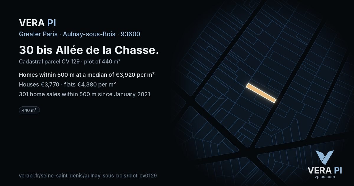 30 bis Allée de la Chasse, Aulnay-sous-Bois at night – the plot lit, the parcels around coloured by the prices near them