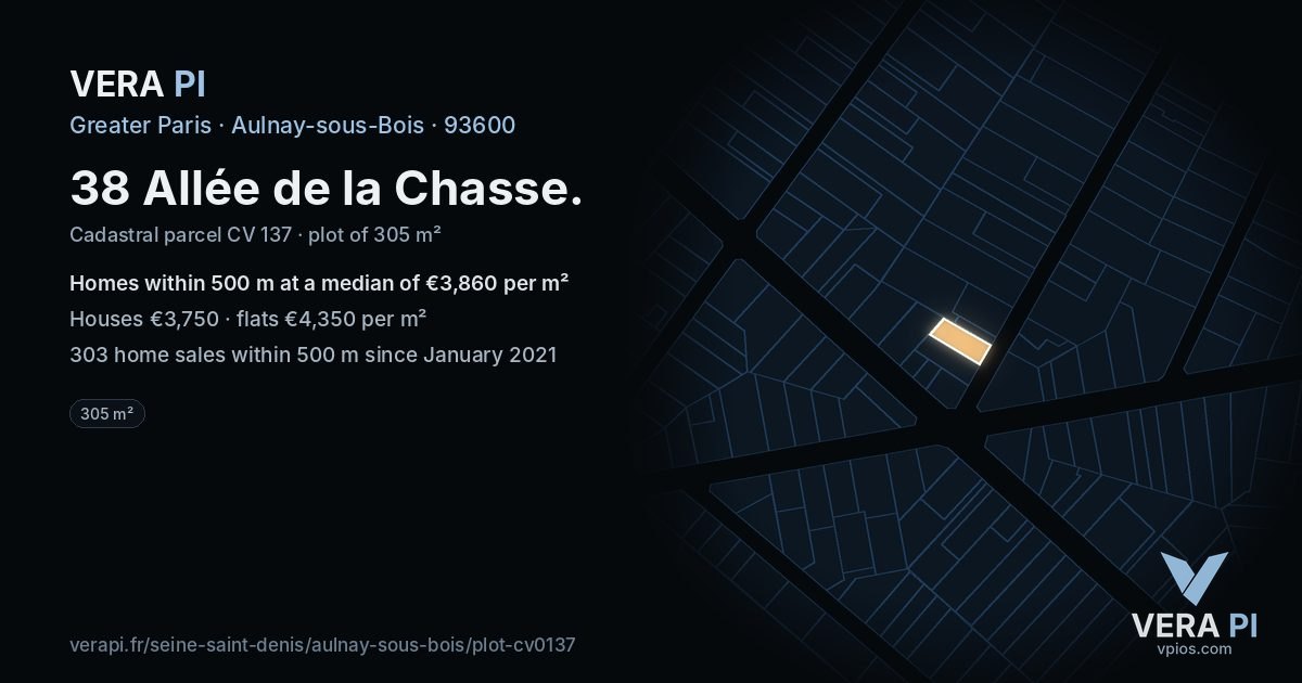 38 Allée de la Chasse, Aulnay-sous-Bois at night – the plot lit, the parcels around coloured by the prices near them