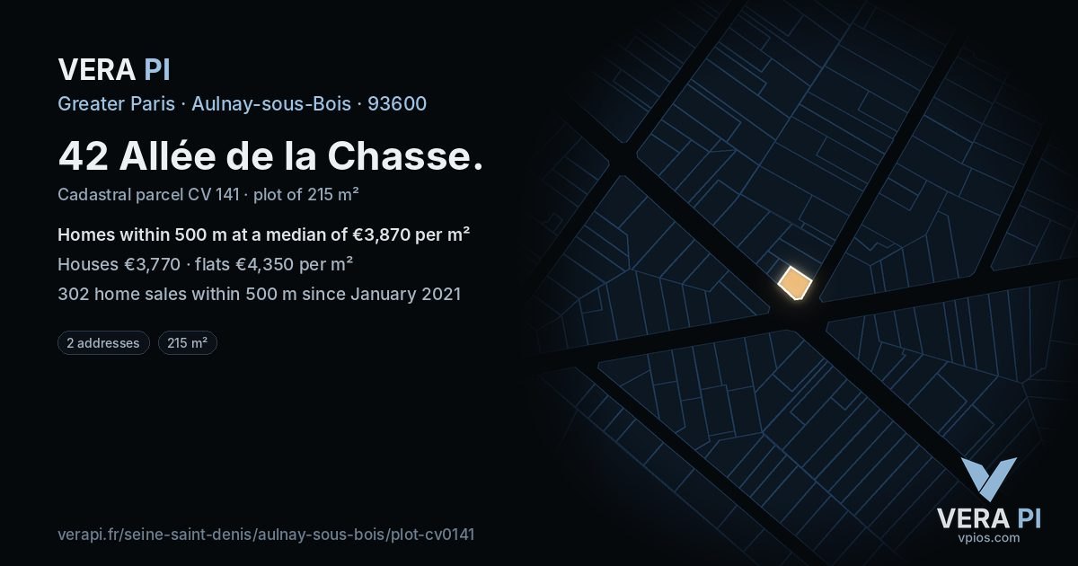 42 Allée de la Chasse, Aulnay-sous-Bois at night – the plot lit, the parcels around coloured by the prices near them