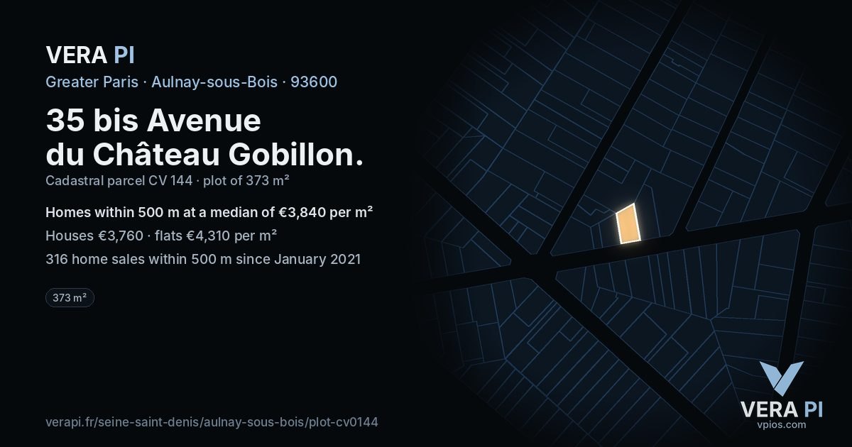 35 bis Avenue du Château Gobillon, Aulnay-sous-Bois at night – the plot lit, the parcels around coloured by the prices near them