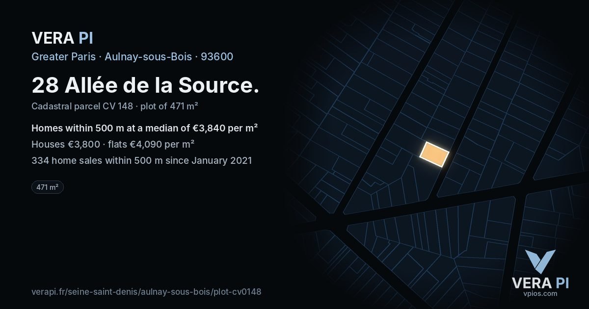 28 Allée de la Source, Aulnay-sous-Bois at night – the plot lit, the parcels around coloured by the prices near them