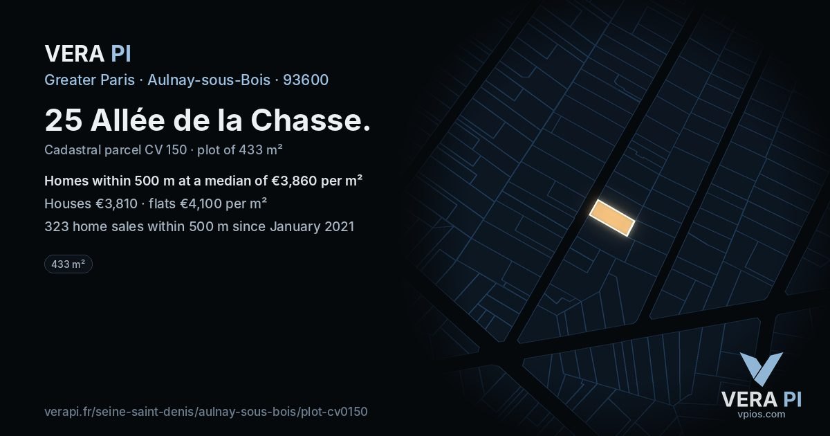 25 Allée de la Chasse, Aulnay-sous-Bois at night – the plot lit, the parcels around coloured by the prices near them