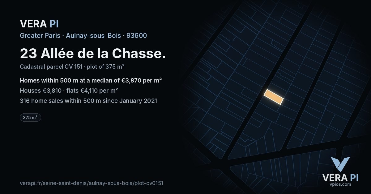 23 Allée de la Chasse, Aulnay-sous-Bois at night – the plot lit, the parcels around coloured by the prices near them