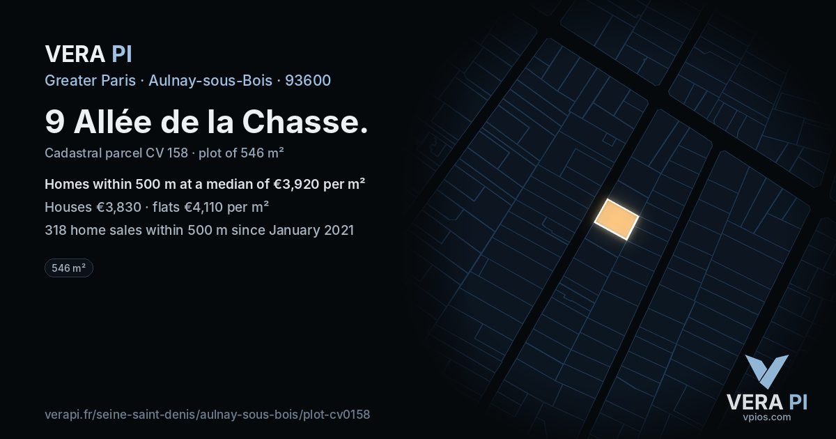 9 Allée de la Chasse, Aulnay-sous-Bois at night – the plot lit, the parcels around coloured by the prices near them