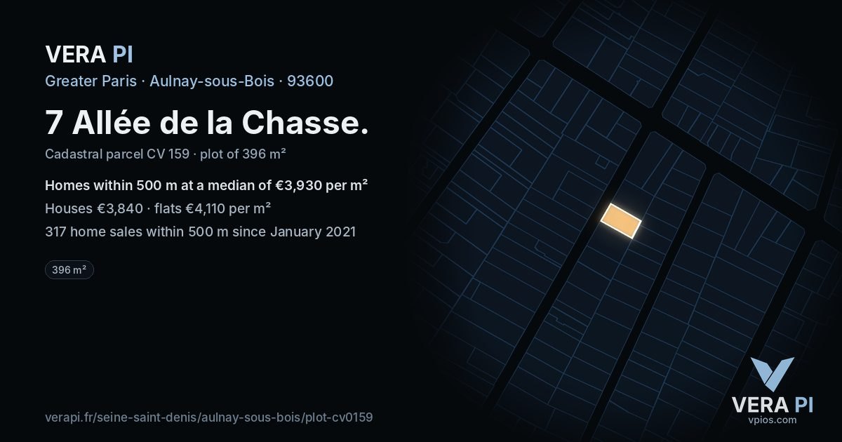 7 Allée de la Chasse, Aulnay-sous-Bois at night – the plot lit, the parcels around coloured by the prices near them