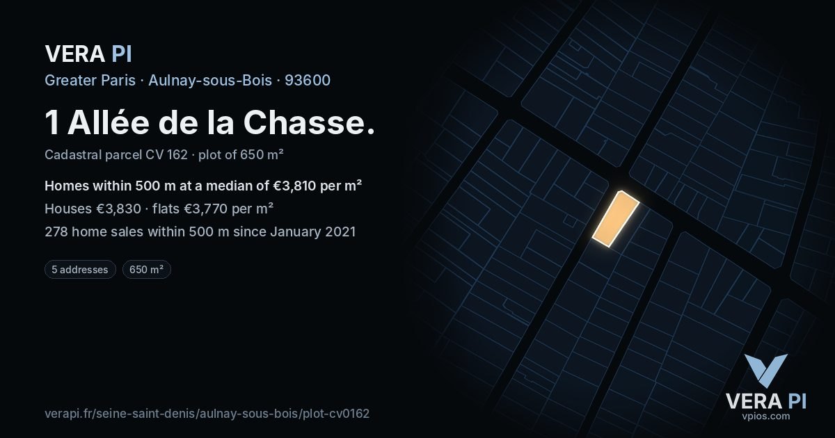 1 Allée de la Chasse, Aulnay-sous-Bois at night – the plot lit, the parcels around coloured by the prices near them