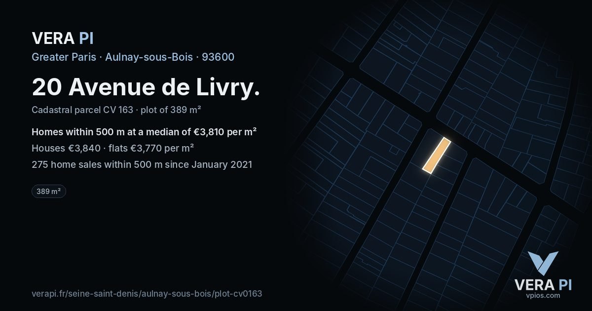 20 Avenue de Livry, Aulnay-sous-Bois at night – the plot lit, the parcels around coloured by the prices near them