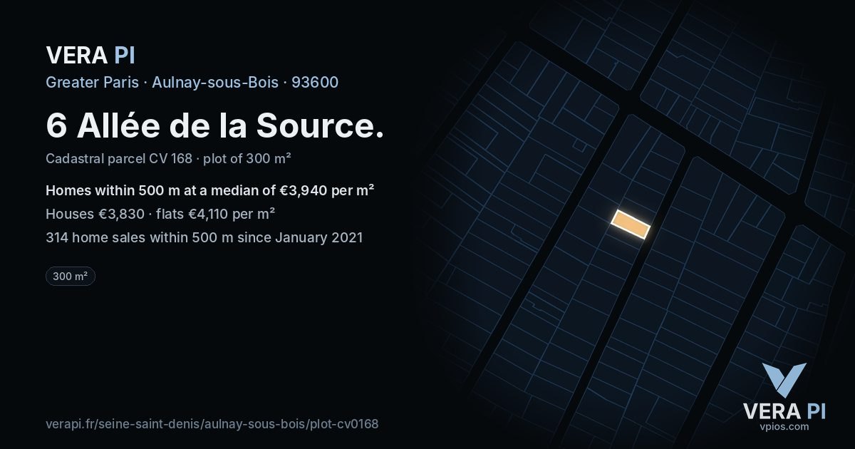 6 Allée de la Source, Aulnay-sous-Bois at night – the plot lit, the parcels around coloured by the prices near them