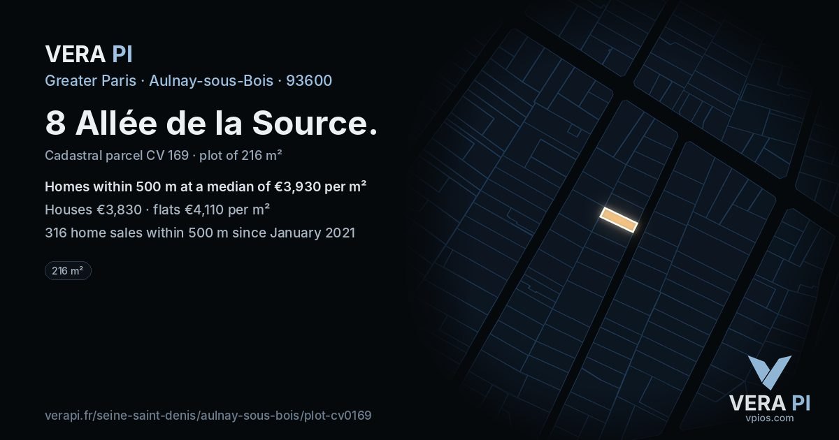 8 Allée de la Source, Aulnay-sous-Bois at night – the plot lit, the parcels around coloured by the prices near them