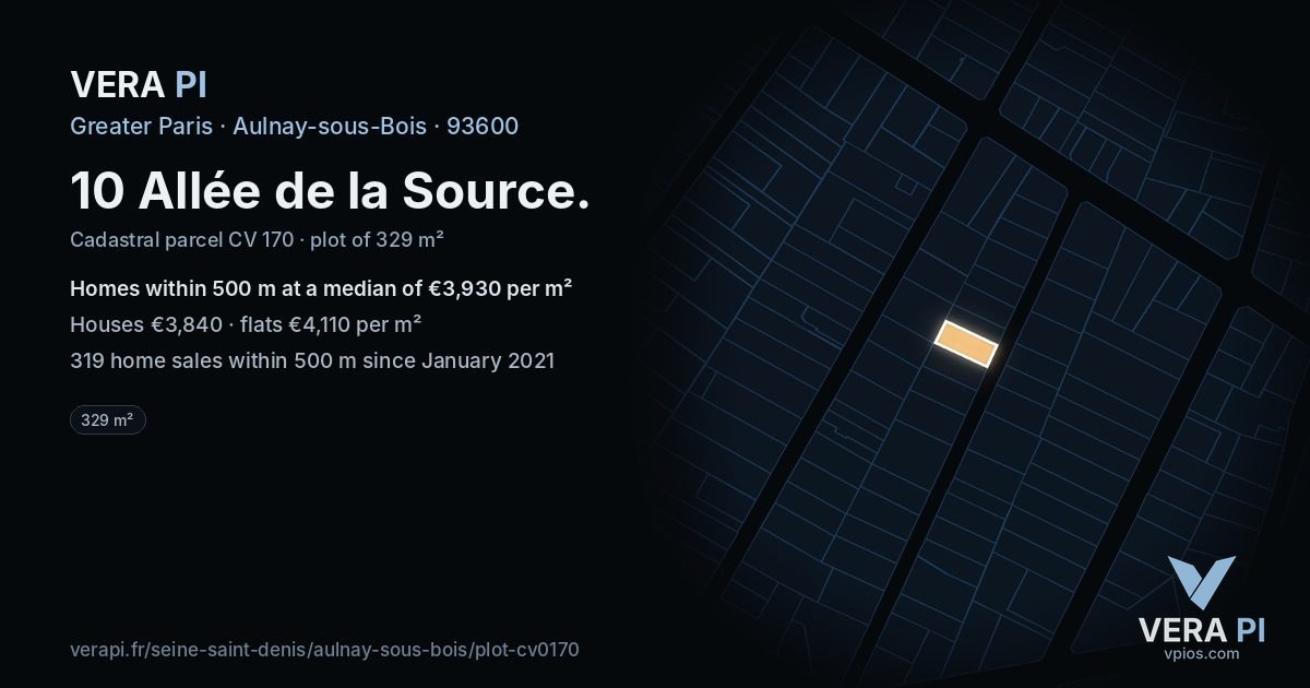 10 Allée de la Source, Aulnay-sous-Bois at night – the plot lit, the parcels around coloured by the prices near them