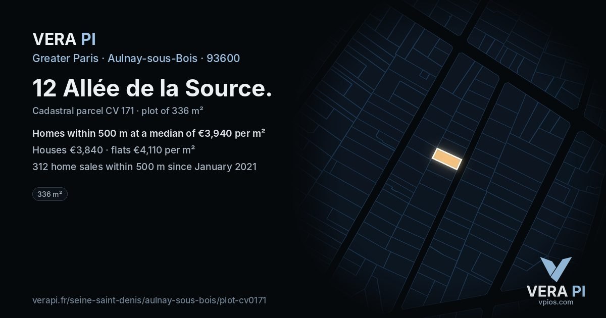 12 Allée de la Source, Aulnay-sous-Bois at night – the plot lit, the parcels around coloured by the prices near them