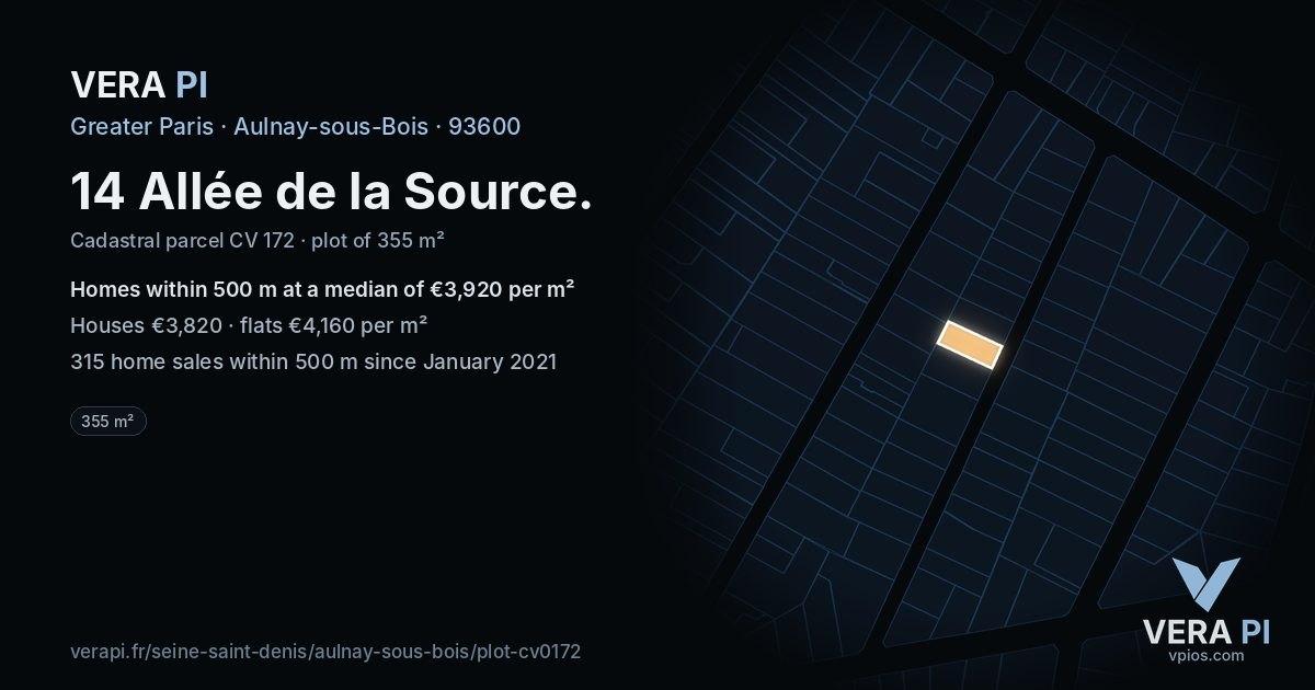 14 Allée de la Source, Aulnay-sous-Bois at night – the plot lit, the parcels around coloured by the prices near them