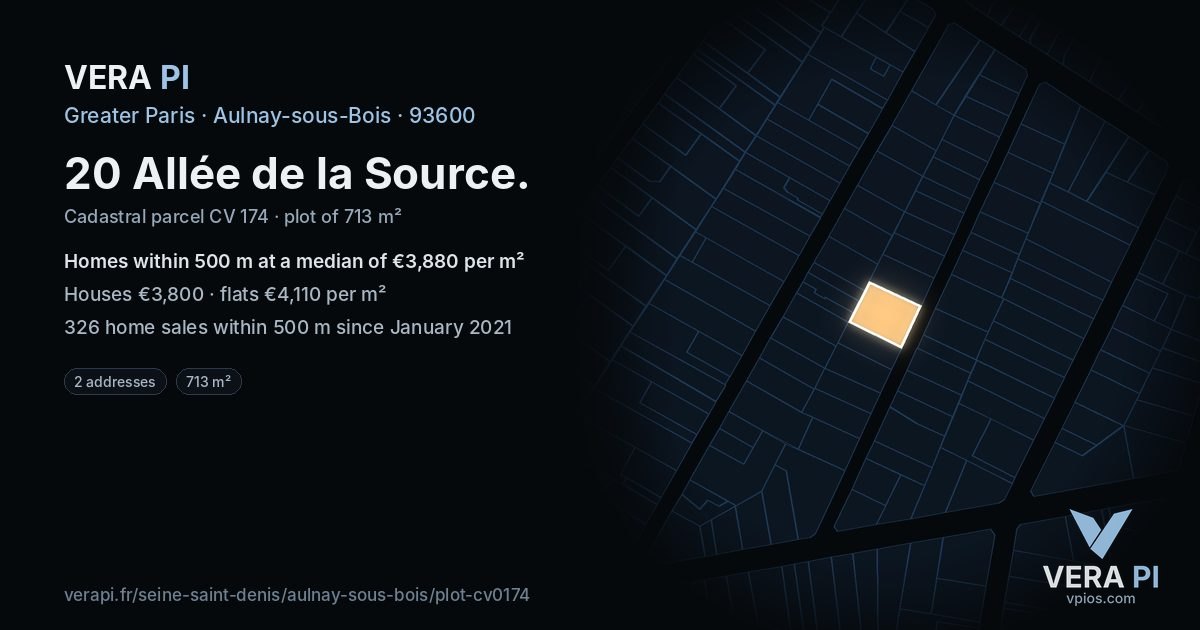 20 Allée de la Source, Aulnay-sous-Bois at night – the plot lit, the parcels around coloured by the prices near them