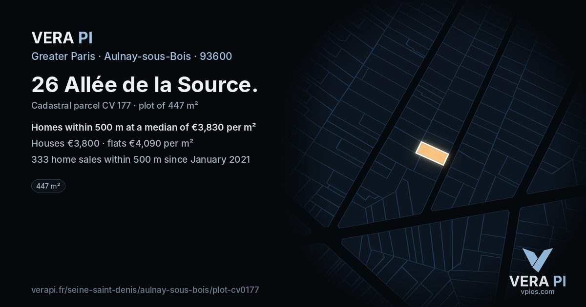 26 Allée de la Source, Aulnay-sous-Bois at night – the plot lit, the parcels around coloured by the prices near them