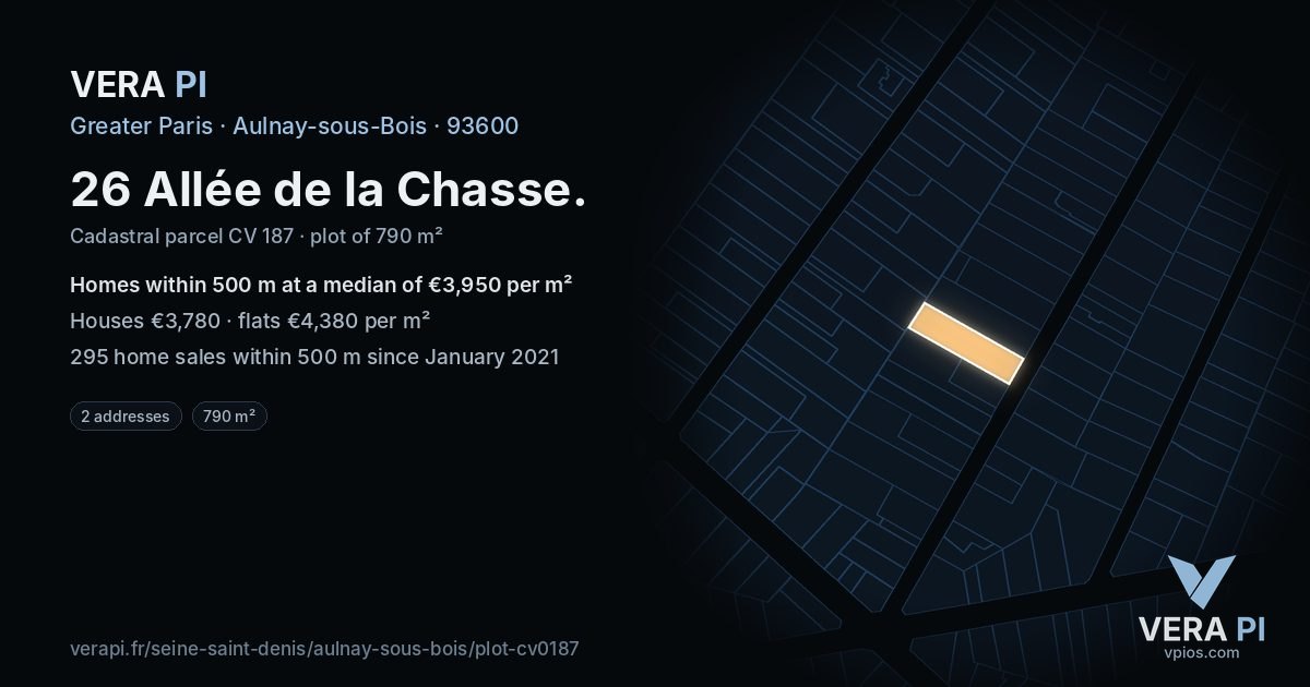 26 Allée de la Chasse, Aulnay-sous-Bois at night – the plot lit, the parcels around coloured by the prices near them