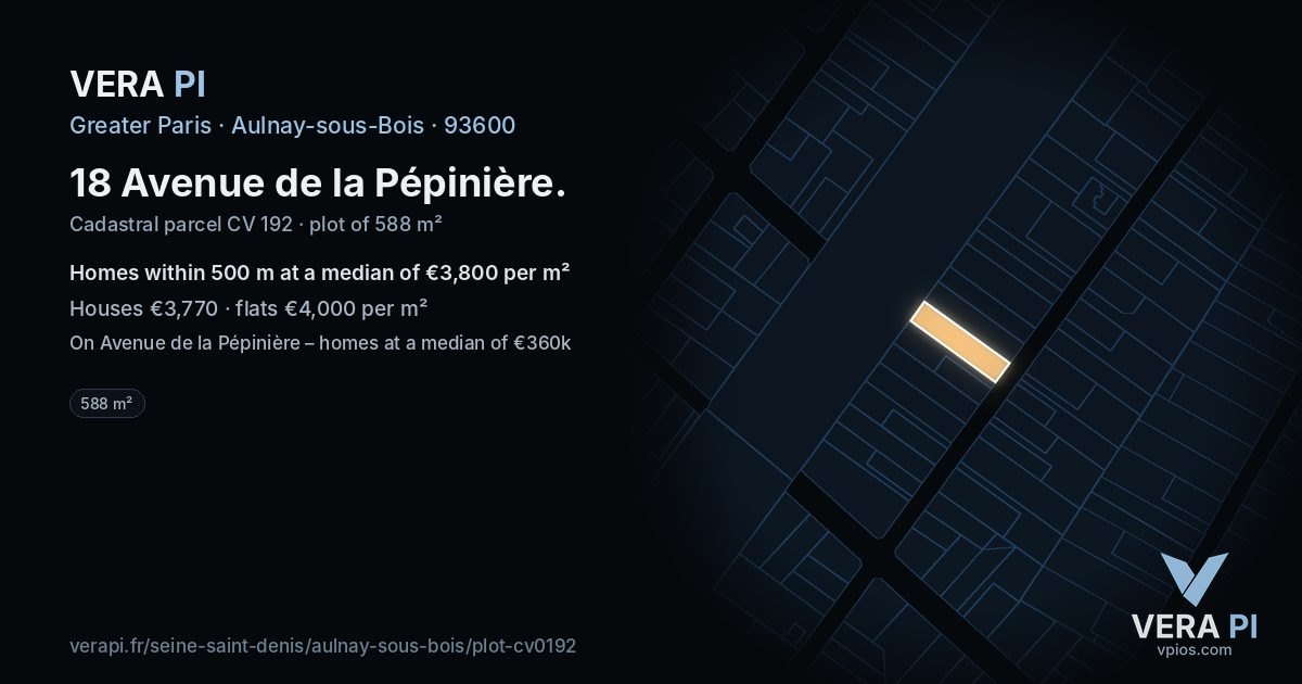 18 Avenue de la Pépinière, Aulnay-sous-Bois at night – the plot lit, the parcels around coloured by the prices near them