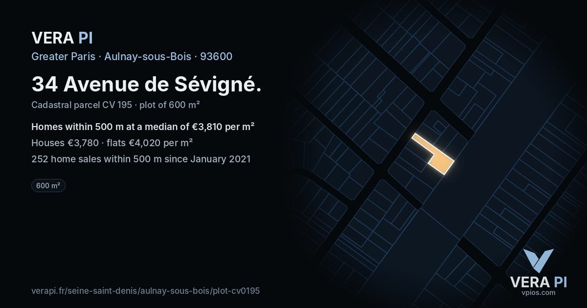 34 Avenue de Sévigné, Aulnay-sous-Bois at night – the plot lit, the parcels around coloured by the prices near them