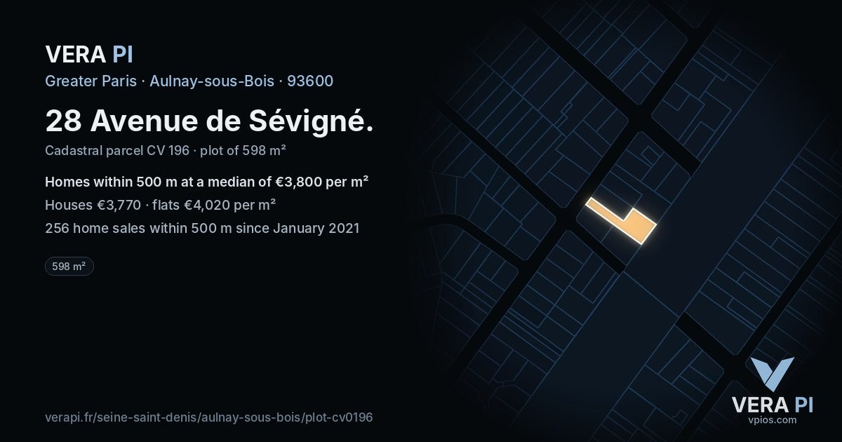 28 Avenue de Sévigné, Aulnay-sous-Bois at night – the plot lit, the parcels around coloured by the prices near them