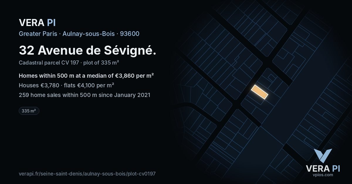 32 Avenue de Sévigné, Aulnay-sous-Bois at night – the plot lit, the parcels around coloured by the prices near them