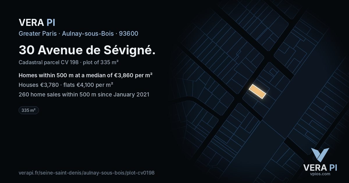 30 Avenue de Sévigné, Aulnay-sous-Bois at night – the plot lit, the parcels around coloured by the prices near them