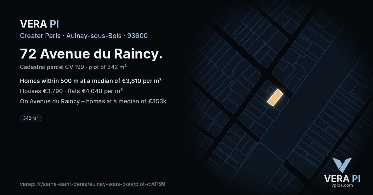 72 Avenue du Raincy, Aulnay-sous-Bois at night – the plot lit, the parcels around coloured by the prices near them