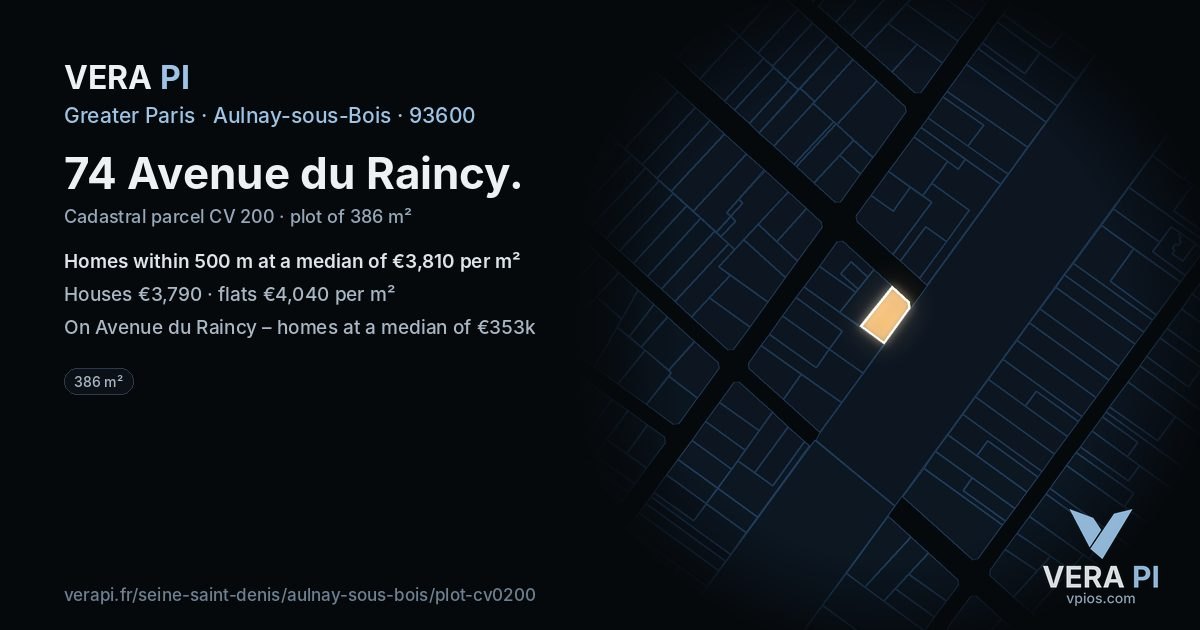 74 Avenue du Raincy, Aulnay-sous-Bois at night – the plot lit, the parcels around coloured by the prices near them