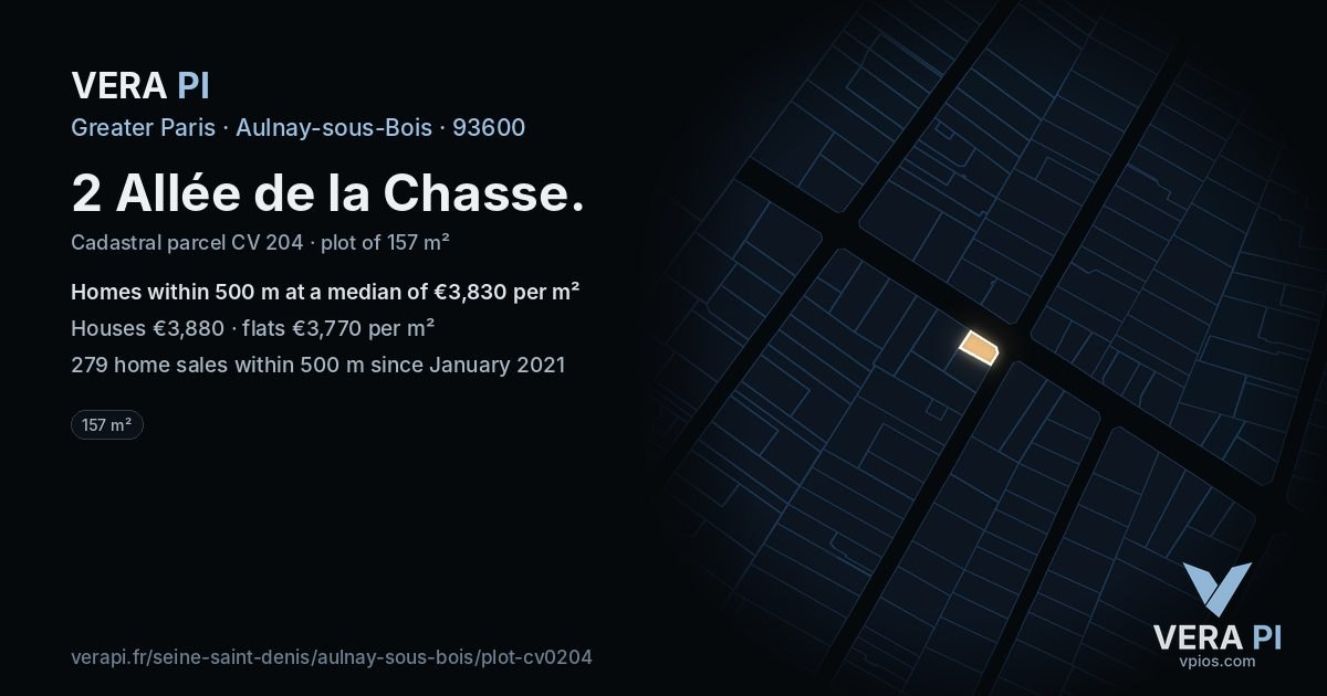 2 Allée de la Chasse, Aulnay-sous-Bois at night – the plot lit, the parcels around coloured by the prices near them
