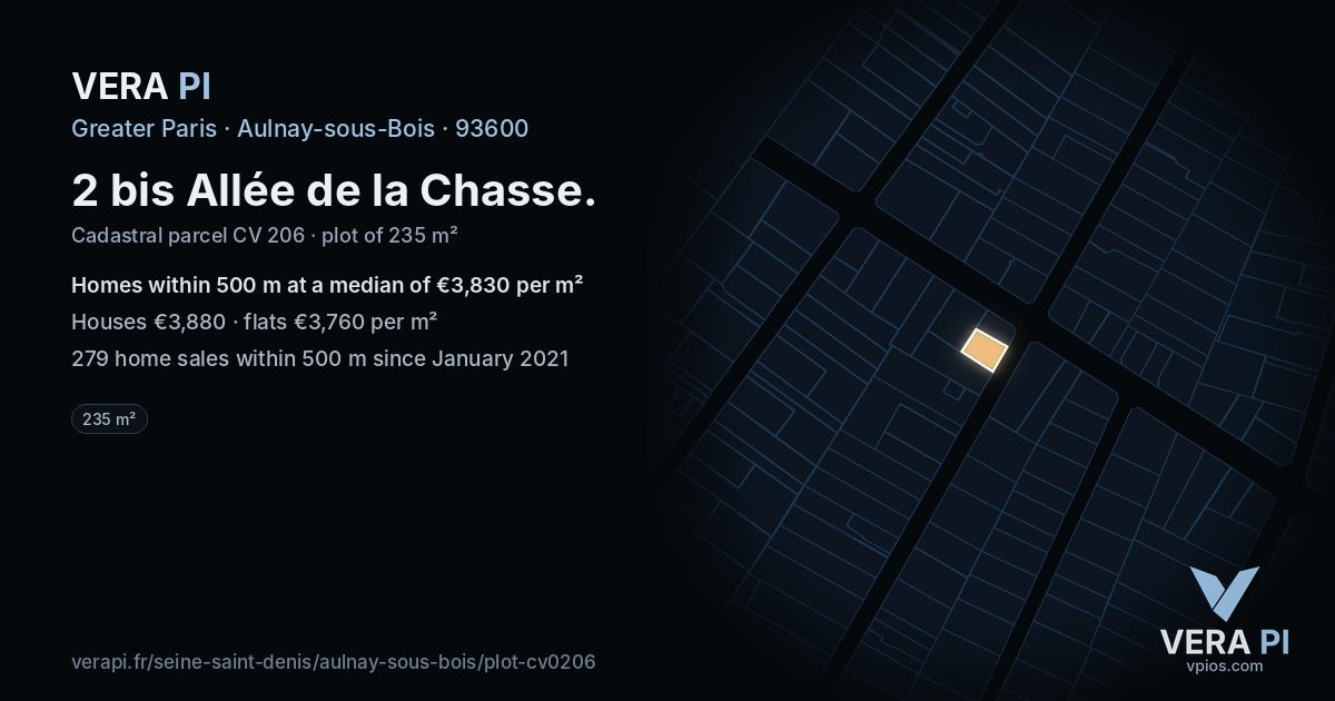 2 bis Allée de la Chasse, Aulnay-sous-Bois at night – the plot lit, the parcels around coloured by the prices near them