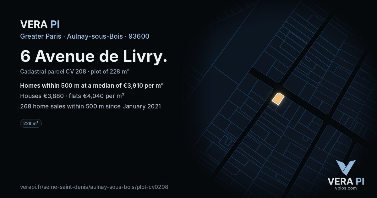 6 Avenue de Livry, Aulnay-sous-Bois at night – the plot lit, the parcels around coloured by the prices near them