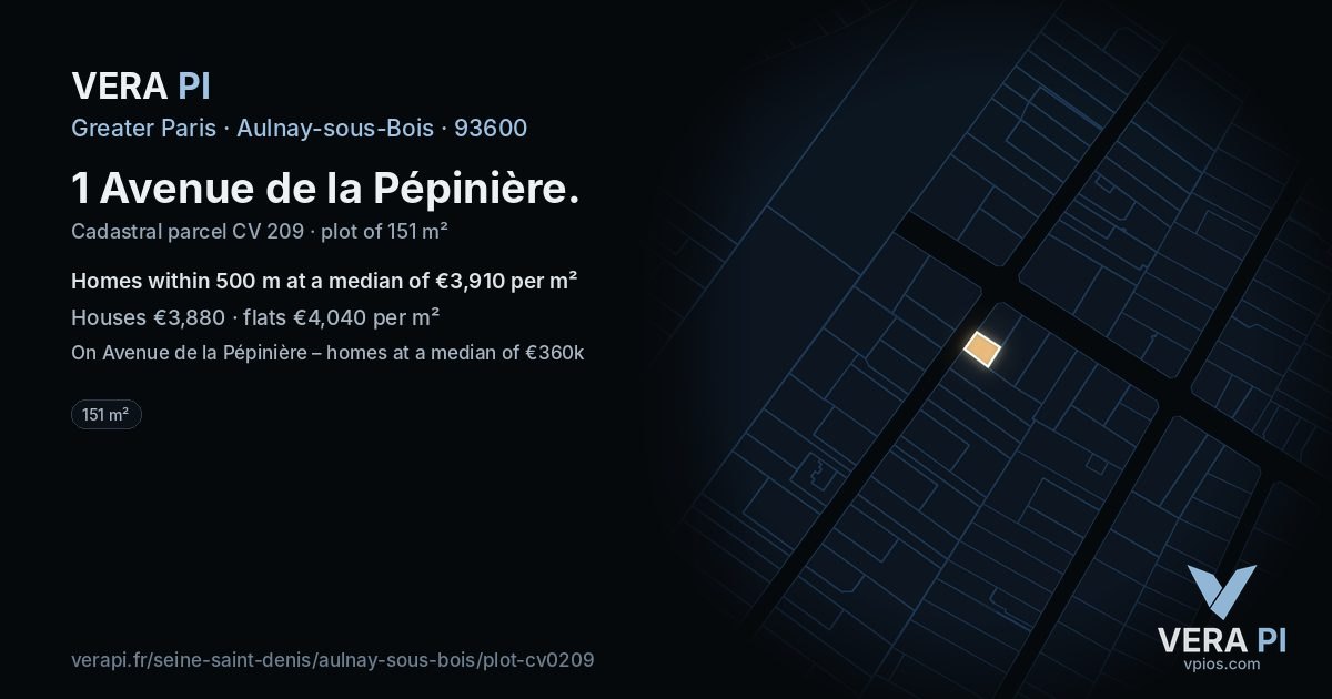 1 Avenue de la Pépinière, Aulnay-sous-Bois at night – the plot lit, the parcels around coloured by the prices near them