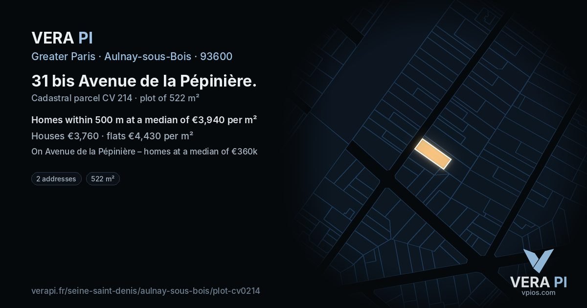 31 bis Avenue de la Pépinière, Aulnay-sous-Bois at night – the plot lit, the parcels around coloured by the prices near them