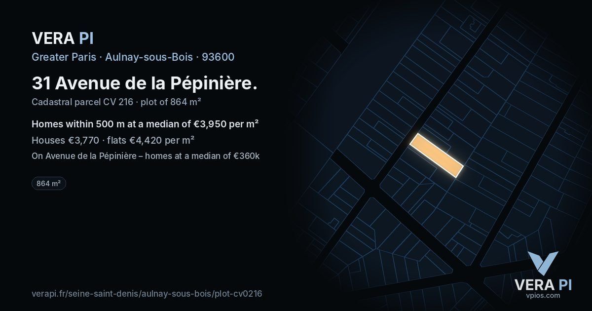 31 Avenue de la Pépinière, Aulnay-sous-Bois at night – the plot lit, the parcels around coloured by the prices near them