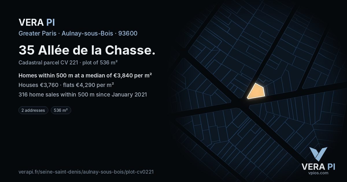 35 Allée de la Chasse, Aulnay-sous-Bois at night – the plot lit, the parcels around coloured by the prices near them