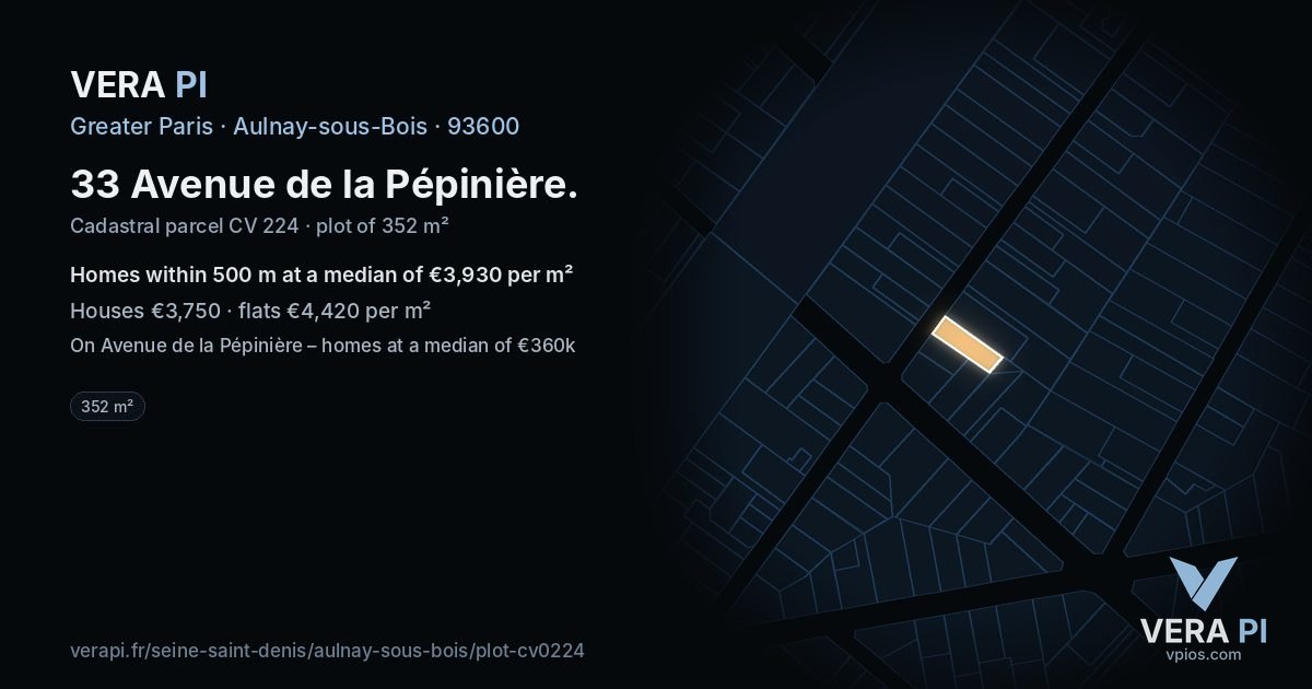 33 Avenue de la Pépinière, Aulnay-sous-Bois at night – the plot lit, the parcels around coloured by the prices near them