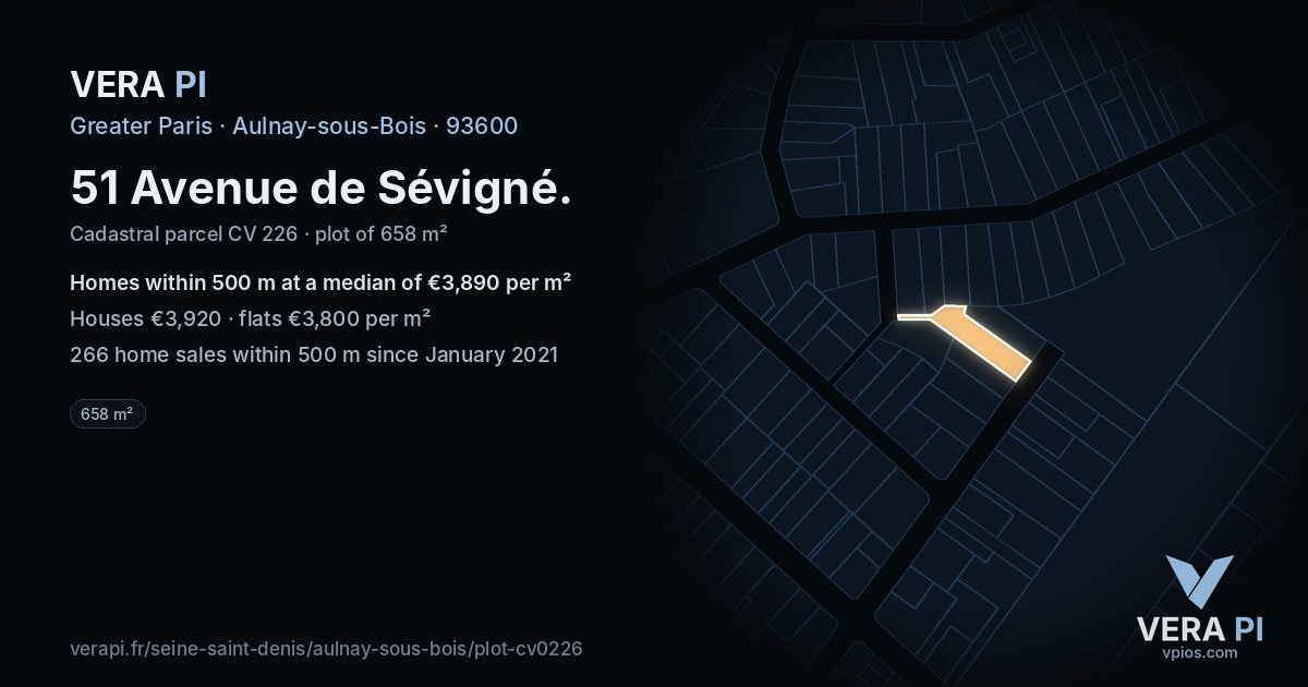 51 Avenue de Sévigné, Aulnay-sous-Bois at night – the plot lit, the parcels around coloured by the prices near them