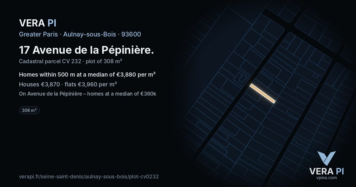 17 Avenue de la Pépinière, Aulnay-sous-Bois at night – the plot lit, the parcels around coloured by the prices near them
