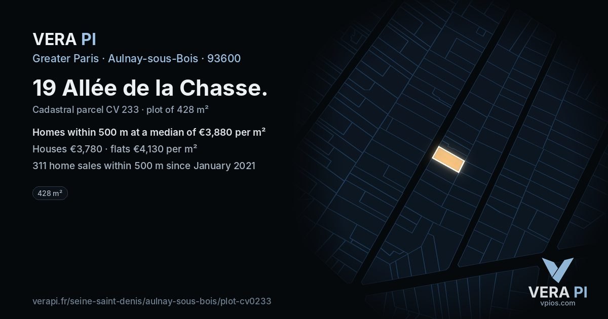 19 Allée de la Chasse, Aulnay-sous-Bois at night – the plot lit, the parcels around coloured by the prices near them