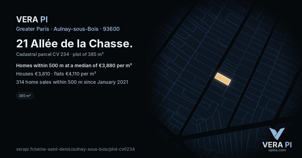 21 Allée de la Chasse, Aulnay-sous-Bois at night – the plot lit, the parcels around coloured by the prices near them