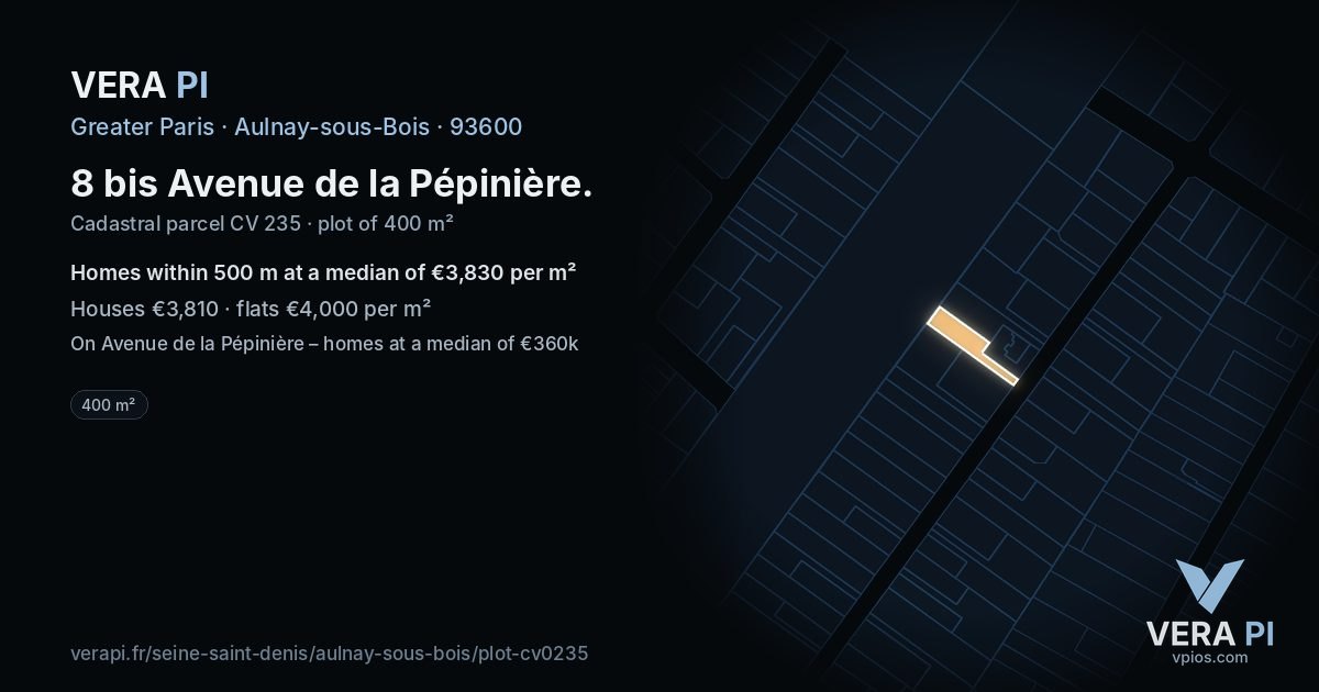 8 bis Avenue de la Pépinière, Aulnay-sous-Bois at night – the plot lit, the parcels around coloured by the prices near them