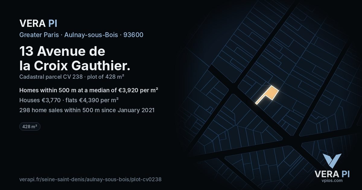 13 Avenue de la Croix Gauthier, Aulnay-sous-Bois at night – the plot lit, the parcels around coloured by the prices near them