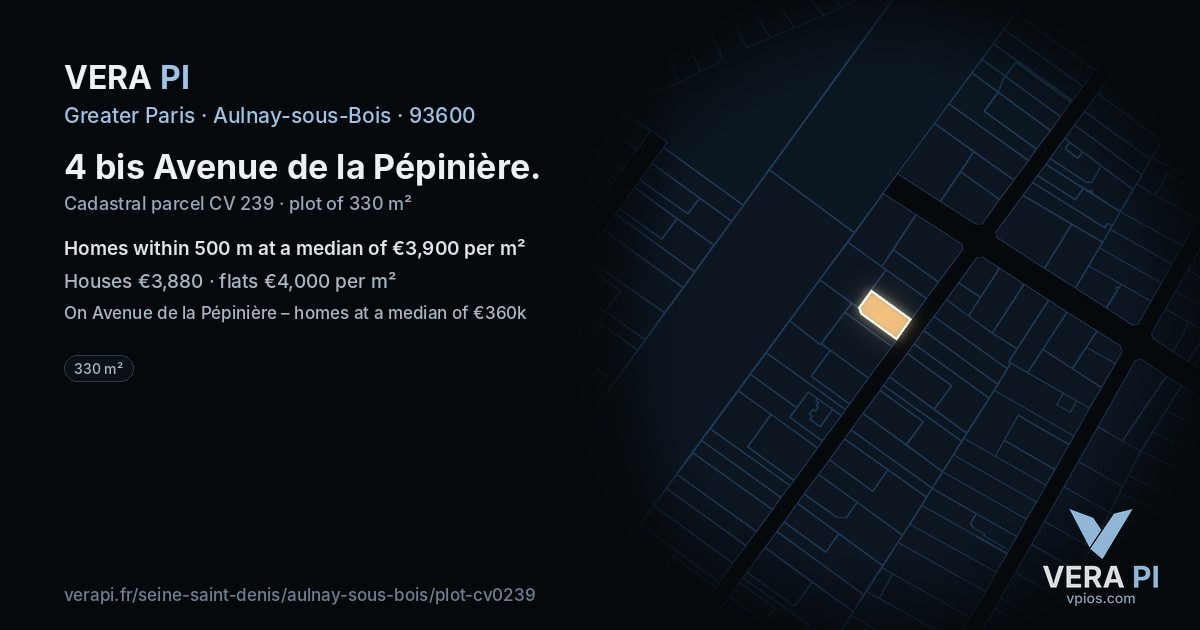 4 bis Avenue de la Pépinière, Aulnay-sous-Bois at night – the plot lit, the parcels around coloured by the prices near them