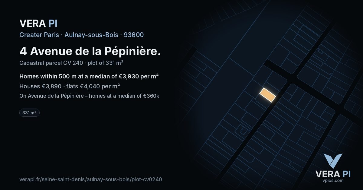 4 Avenue de la Pépinière, Aulnay-sous-Bois at night – the plot lit, the parcels around coloured by the prices near them
