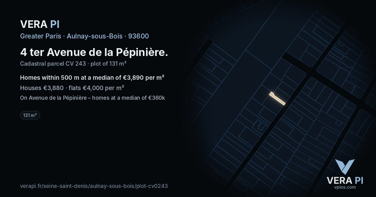 4 ter Avenue de la Pépinière, Aulnay-sous-Bois at night – the plot lit, the parcels around coloured by the prices near them