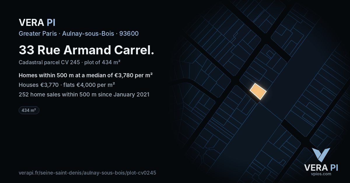 33 Rue Armand Carrel, Aulnay-sous-Bois at night – the plot lit, the parcels around coloured by the prices near them