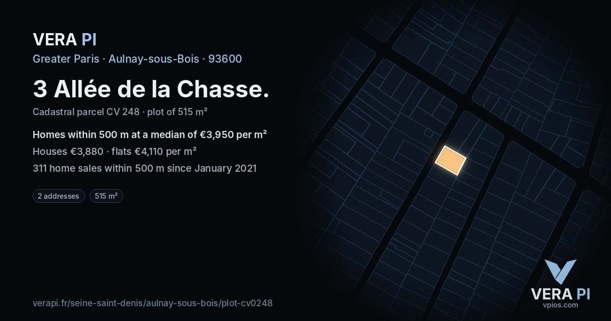 3 Allée de la Chasse, Aulnay-sous-Bois at night – the plot lit, the parcels around coloured by the prices near them